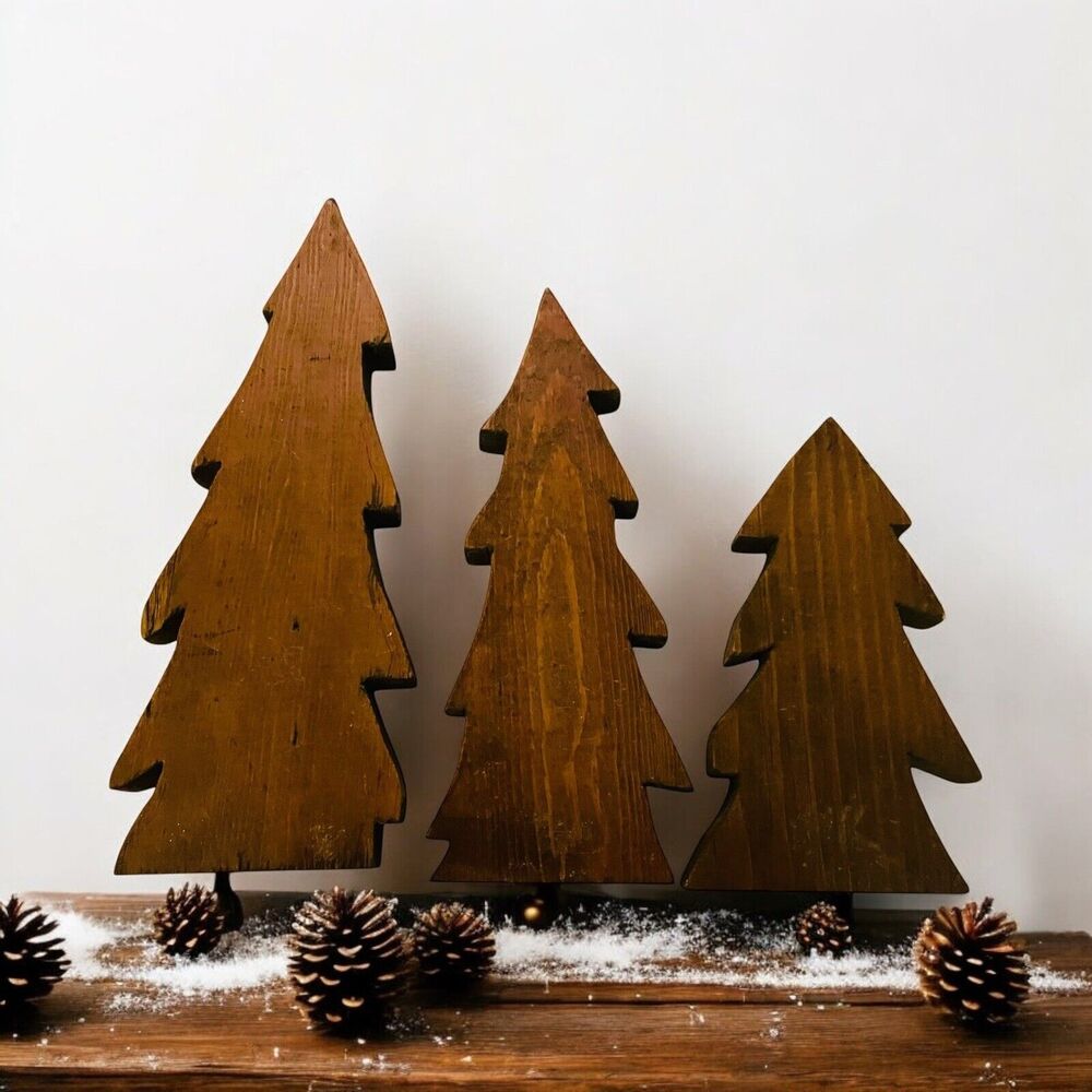 Primitive Wood Evergreen Trees Set Of 3 Handmade Rustic Tabletop Decor